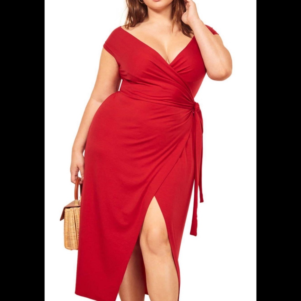 Reformation Sage Dress - Cherry Red, Size XL, Wrap Tencel Midi Off Shoulder